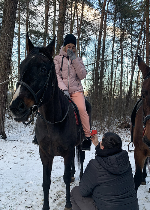 На фотографии молодой человек делает предложение девушки на конной прогулки